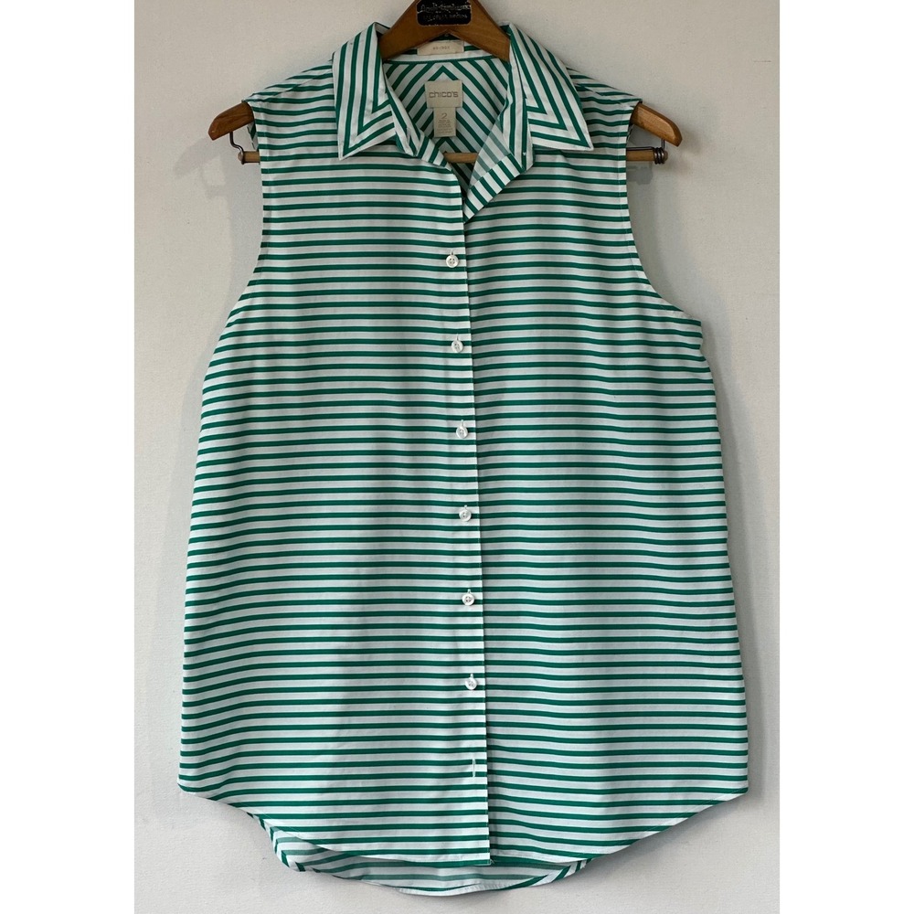 Chico's Sleeveless Shirt No-Iron Striped Cotton Womens L Green White Excellent